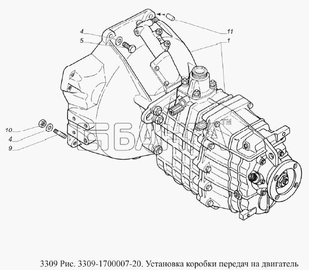 ГАЗ ГАЗ-3309 (Евро 2) Схема Установка коробки передач на двигатель-129